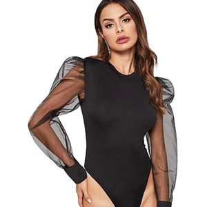 Balloon Sleeve Mesh Black Bodysuit Large